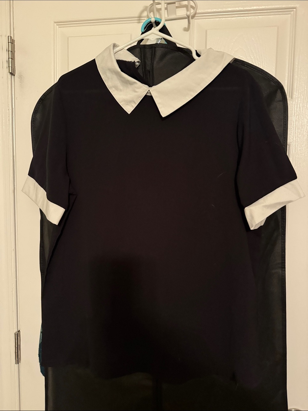 Black Top with White Peter Pan Collar and Cuff Trim